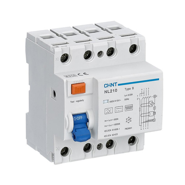 CHINT NL210 Residual Current Operated Circuit Breaker without Over-current. 63A, B-type, 30mA, 3-pole+N, 10kA